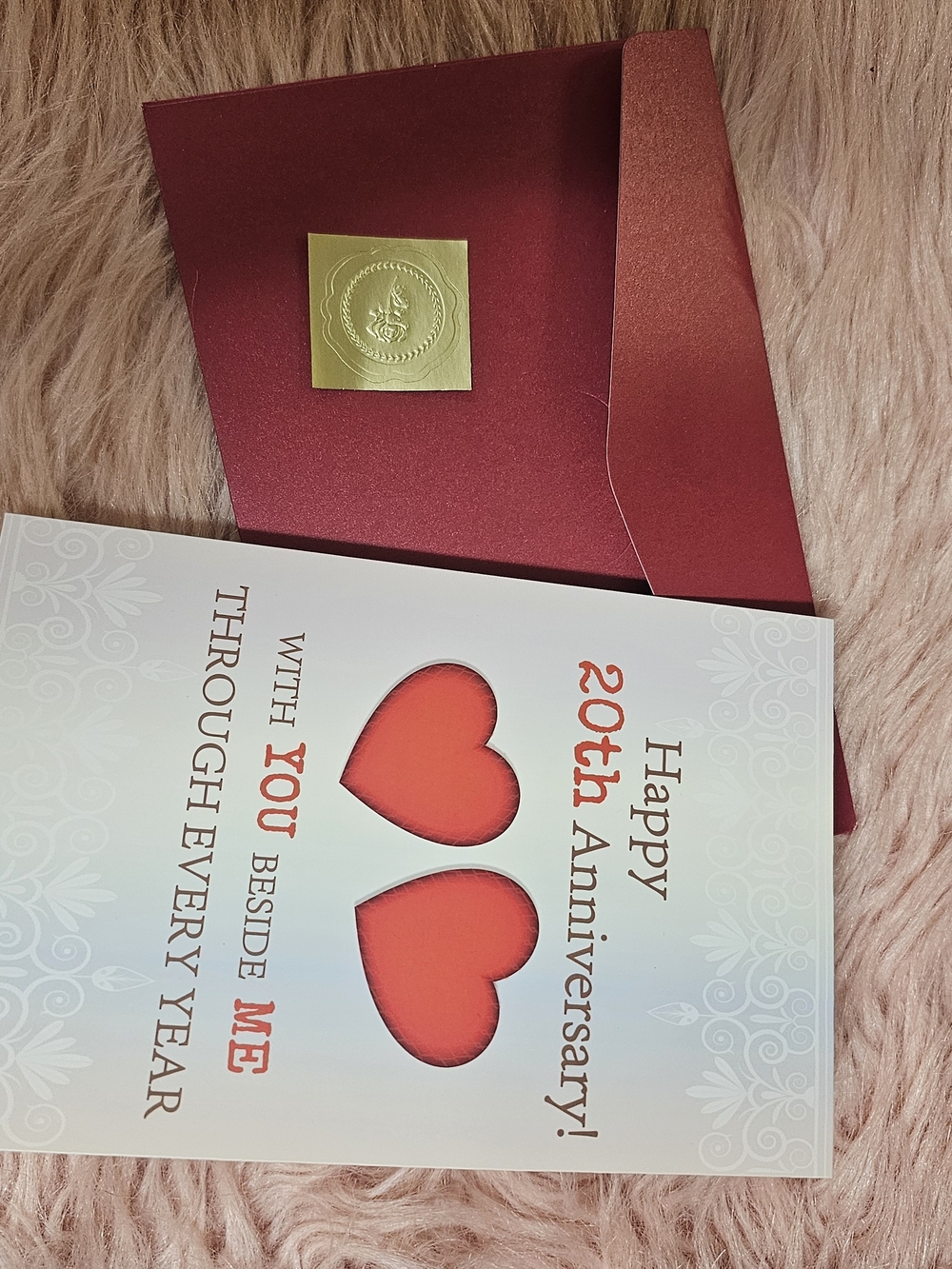 20th Anniversary Card with Red Hearts and Burgundy Envelope